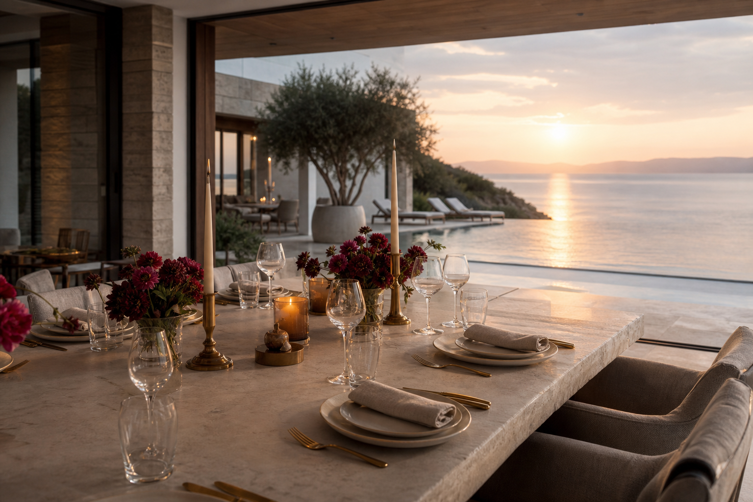 Refined private dining table overlooking the Adriatic
